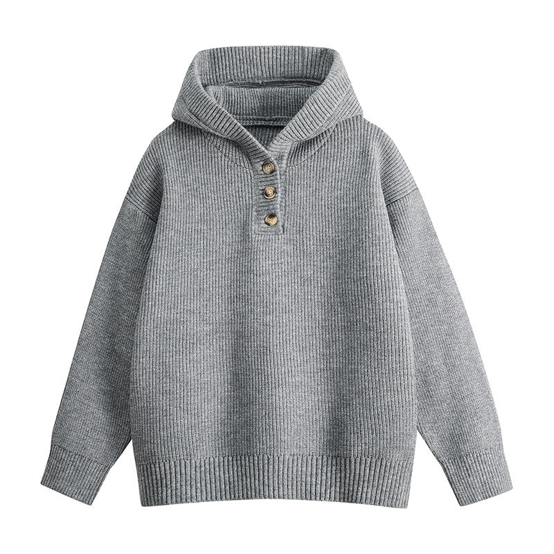 Casual Vintage  Hooded Half-Button Knit Sweater