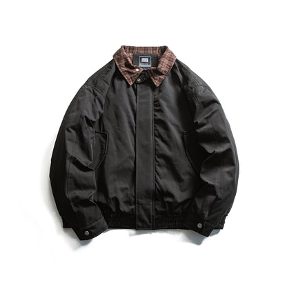 Plaid Patchwork Turn-Down Collar Loose Cotton Coat Men's Workwear Jacket