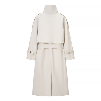Stand up collar long sleeved double breasted waistband trench coat for women