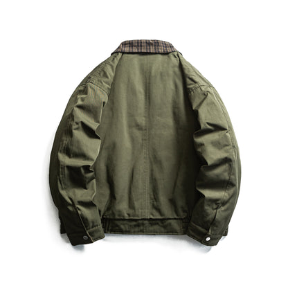 Plaid Patchwork Turn-Down Collar Loose Cotton Coat Men's Workwear Jacket