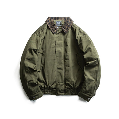 Plaid Patchwork Turn-Down Collar Loose Cotton Coat Men's Workwear Jacket