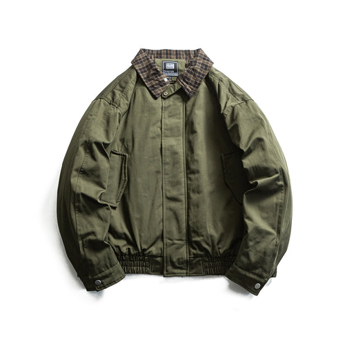 Plaid Patchwork Turn-Down Collar Loose Cotton Coat Men's Workwear Jacket