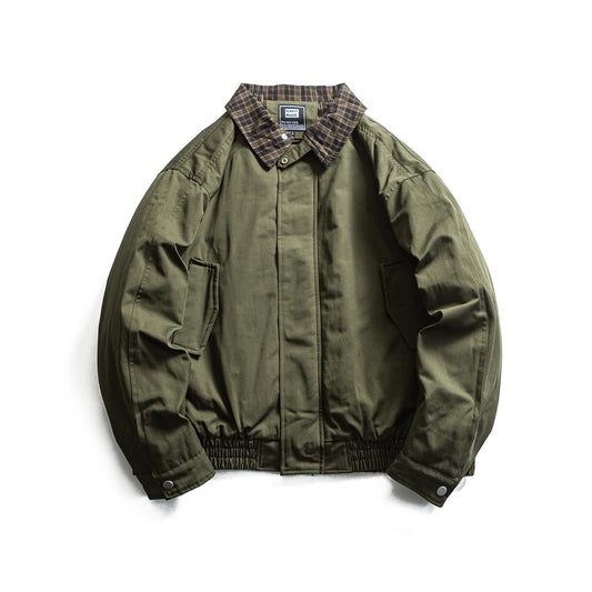 Plaid Patchwork Turn-Down Collar Loose Cotton Coat Men's Workwear Jacket