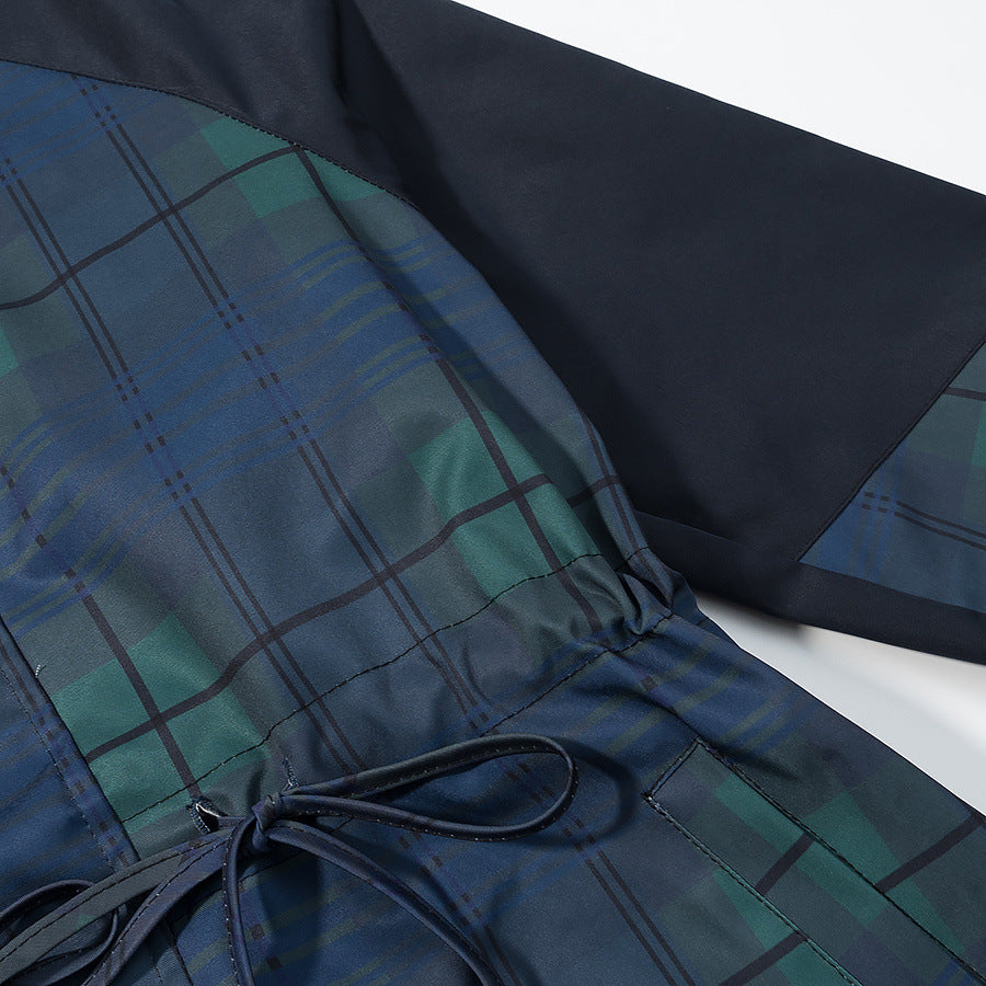 Hooded waist cinched plaid jacket windbreaker coat for women