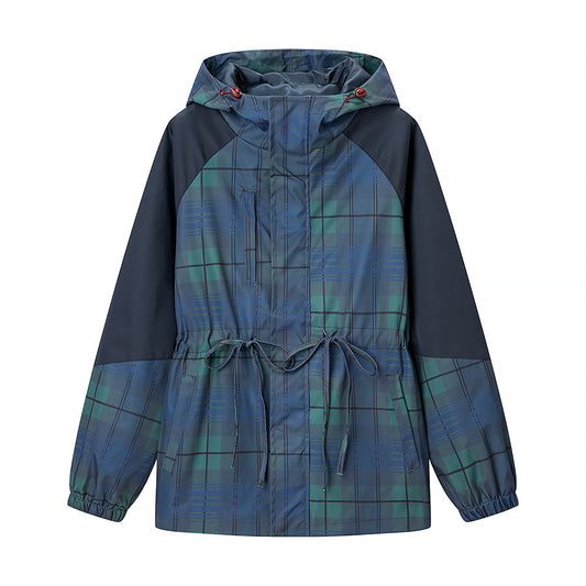 Hooded waist cinched plaid jacket windbreaker coat for women