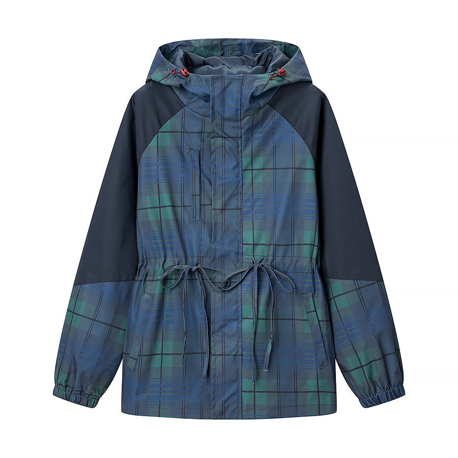 Hooded waist cinched plaid jacket windbreaker coat for women