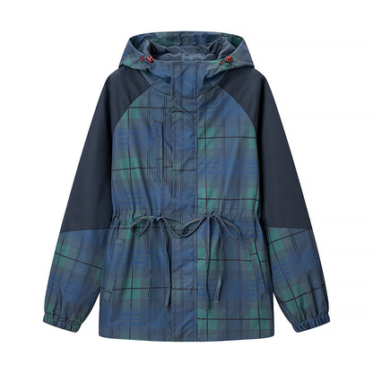 Hooded waist cinched plaid jacket windbreaker coat for women